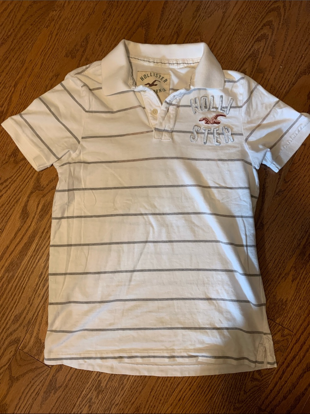 Vintage Hollister White Polo with Light Gray Stripes and Orange Logo